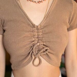Pull&Bear Women's Crop-top Brown Ribbed Adjustable Medium